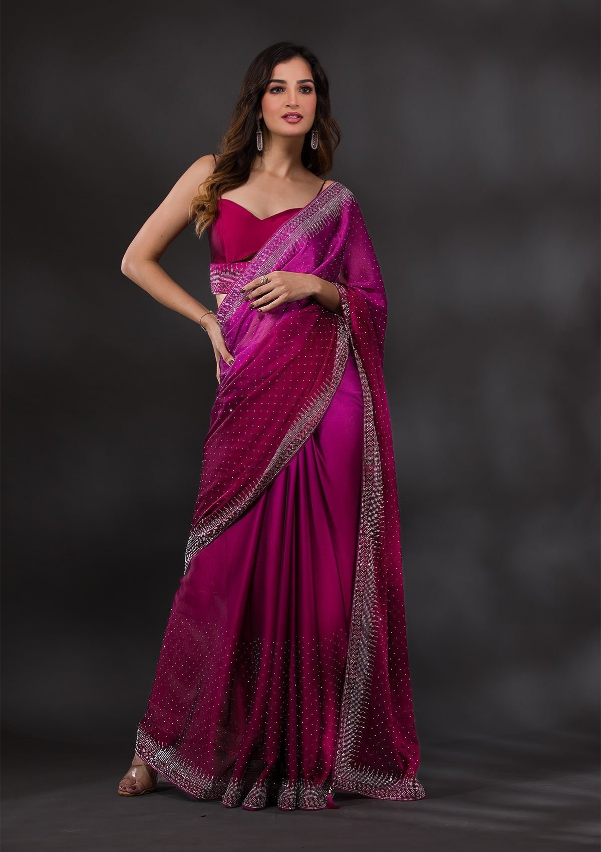 Bravix Elegant Ombre Satin Designer Saree with Stunning Wine Stonework - Image 4