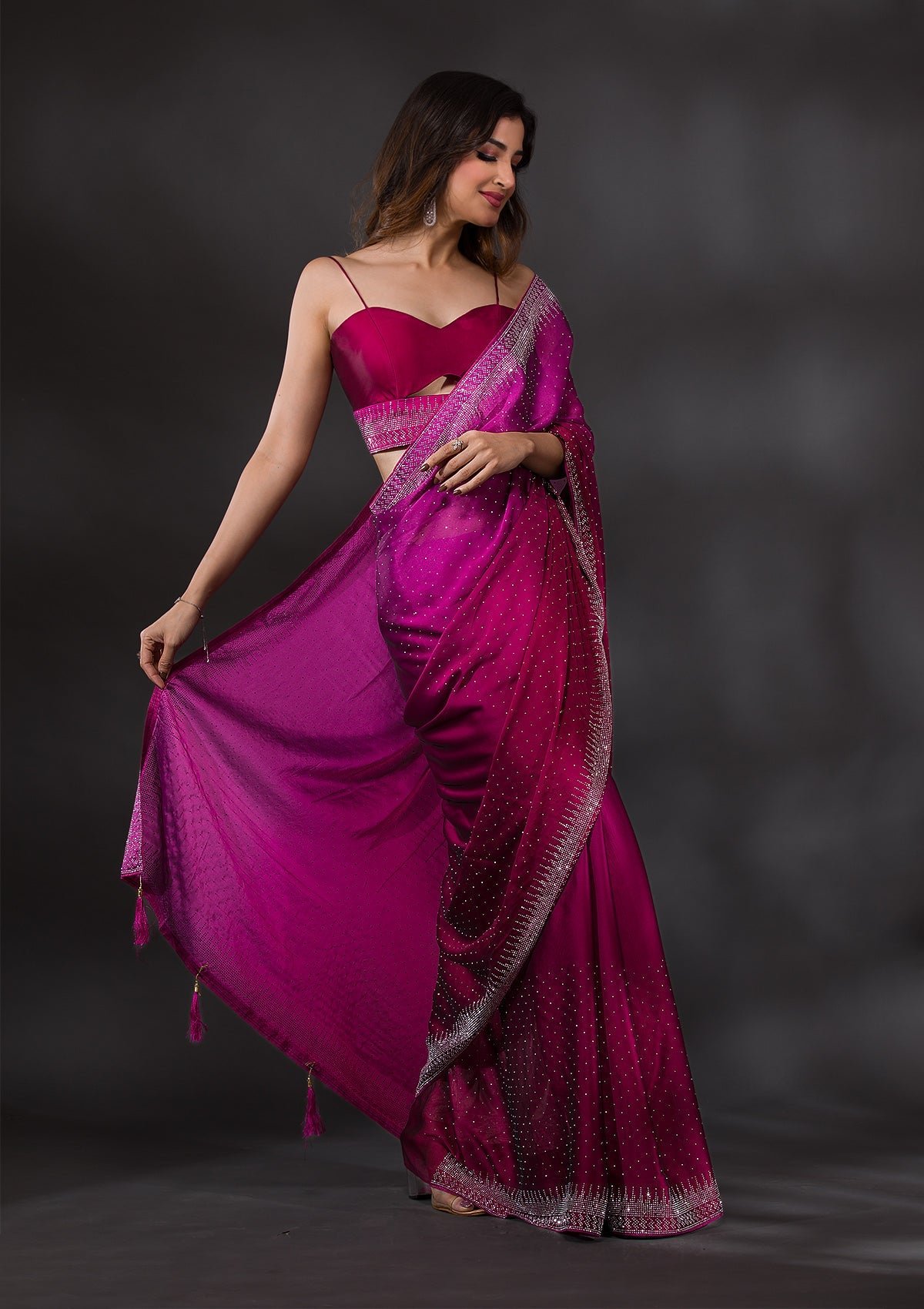 Bravix Elegant Ombre Satin Designer Saree with Stunning Wine Stonework - Image 3