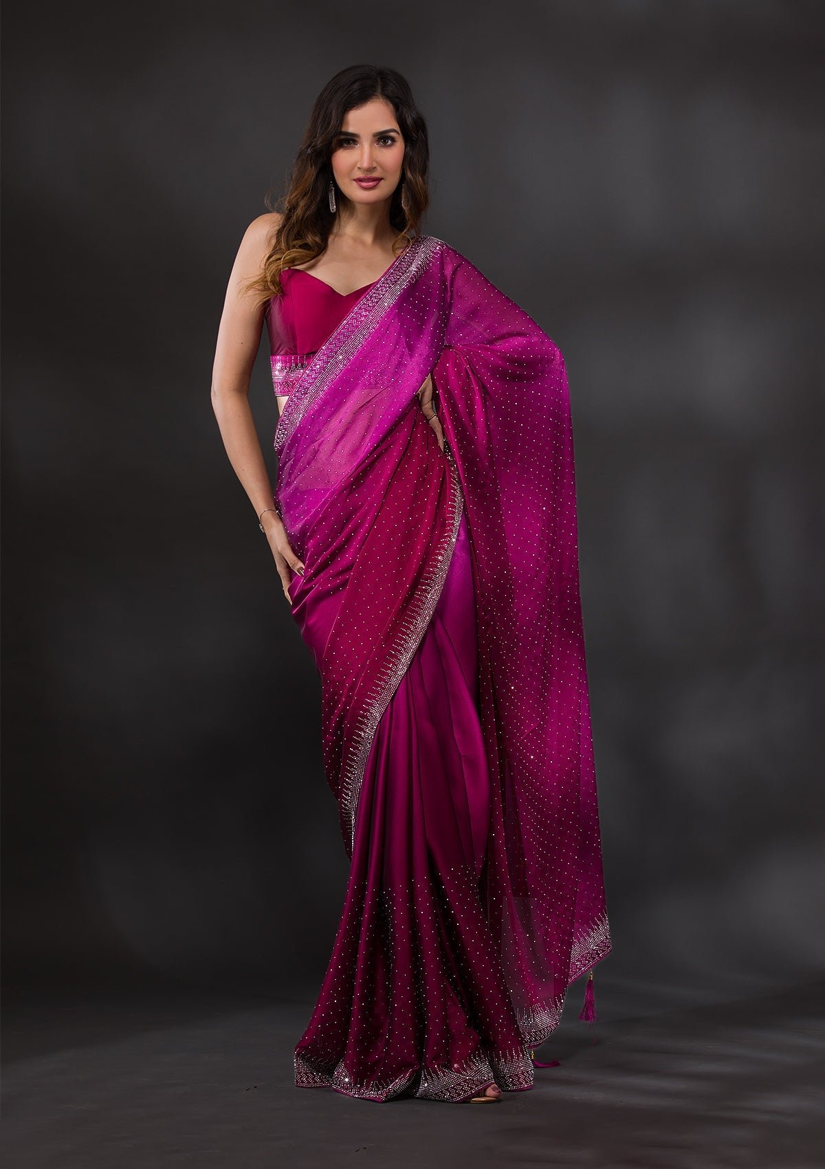 Bravix Elegant Ombre Satin Designer Saree with Stunning Wine Stonework - Image 5