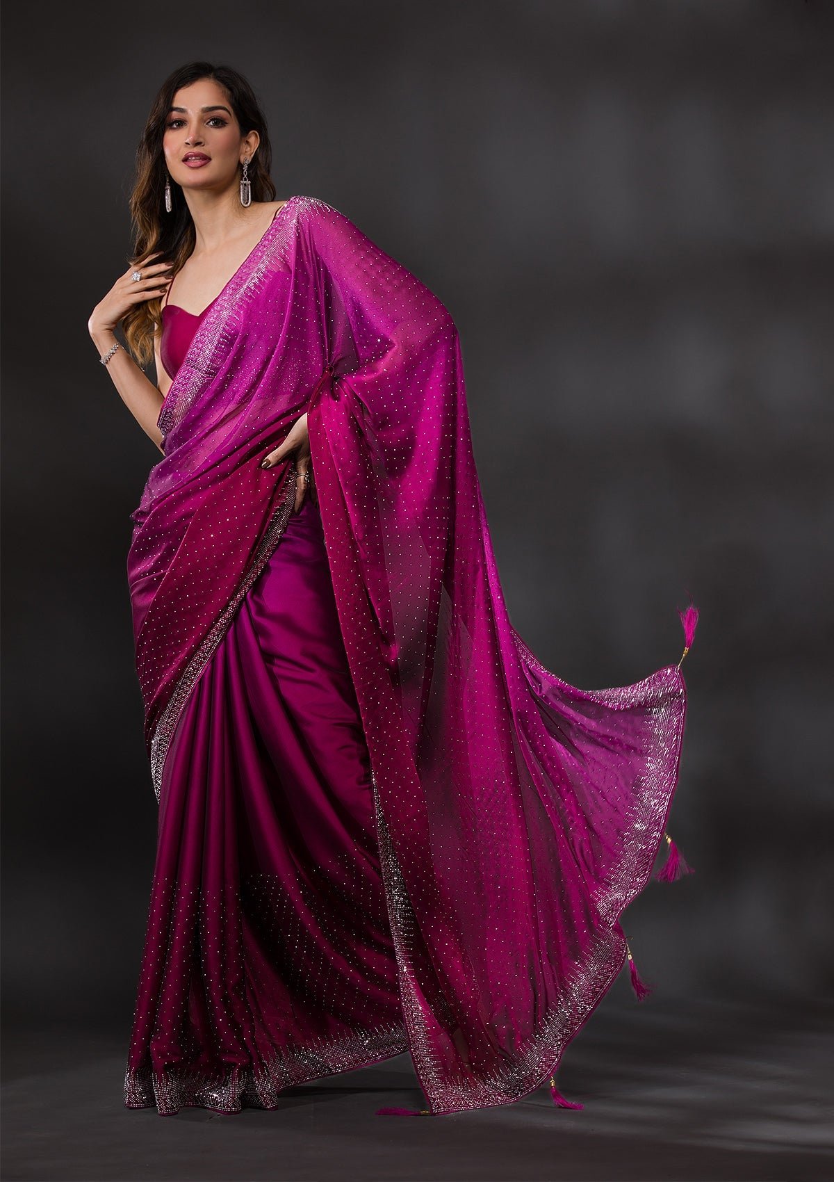 Bravix Elegant Ombre Satin Designer Saree with Stunning Wine Stonework