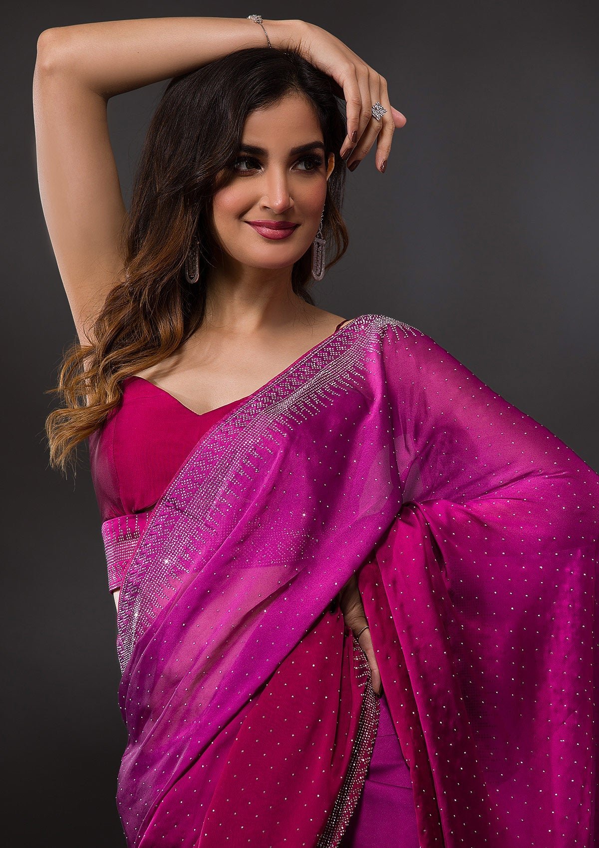 Bravix Elegant Ombre Satin Designer Saree with Stunning Wine Stonework - Image 6