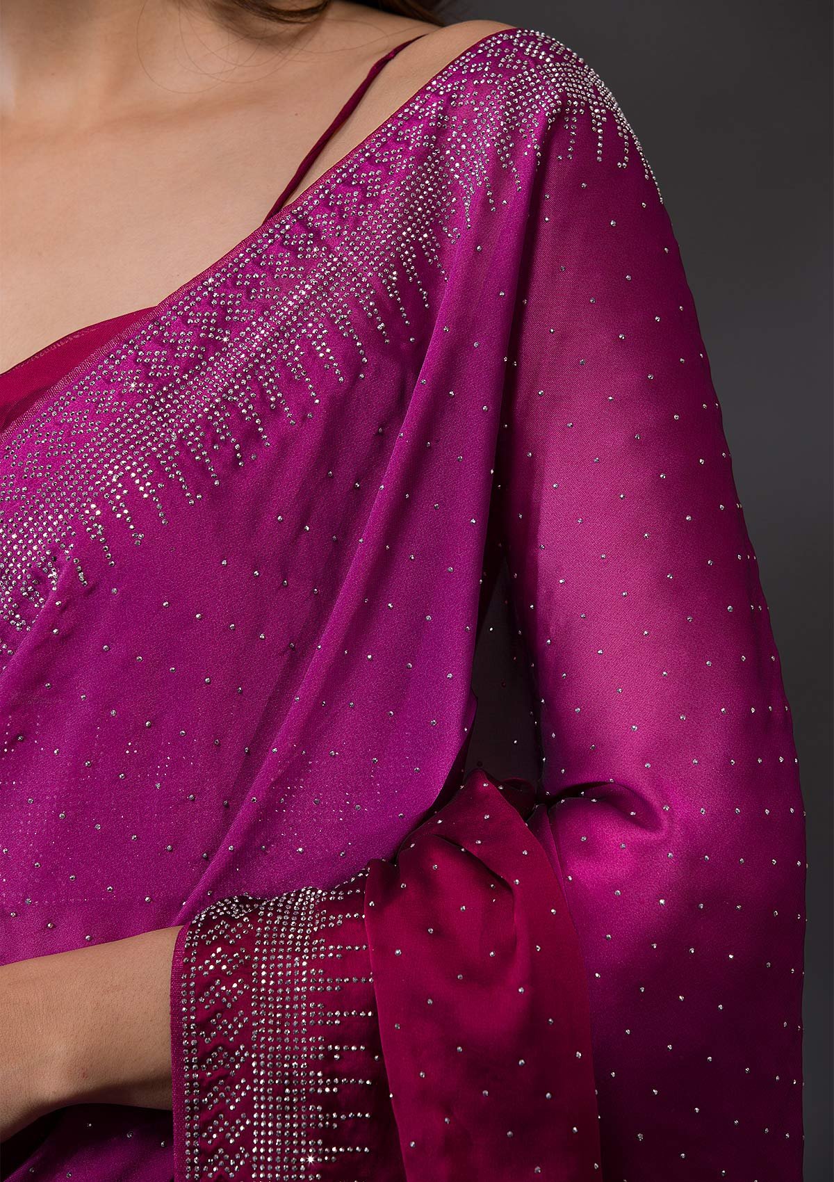 Bravix Elegant Ombre Satin Designer Saree with Stunning Wine Stonework - Image 7