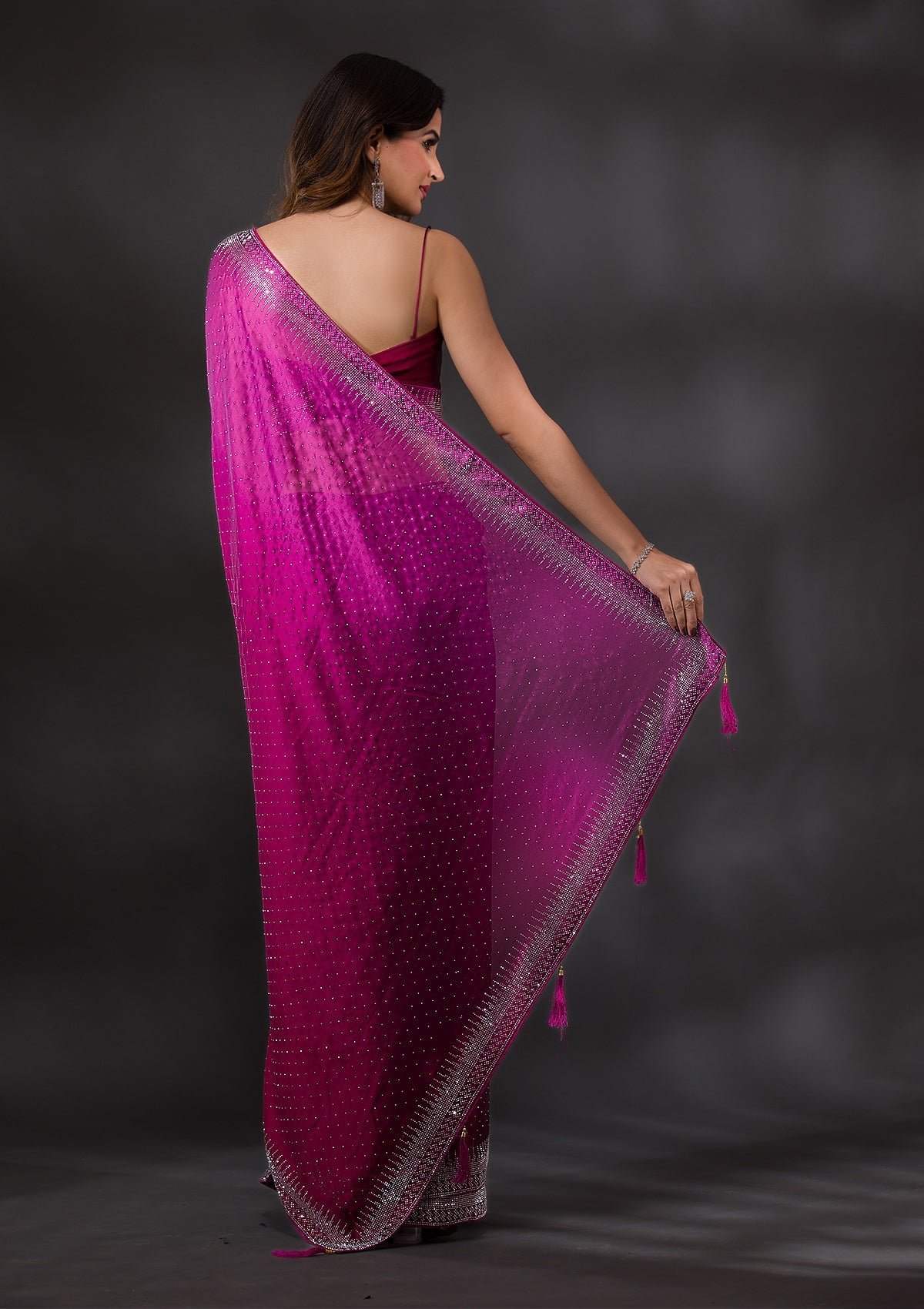 Bravix Elegant Ombre Satin Designer Saree with Stunning Wine Stonework - Image 2