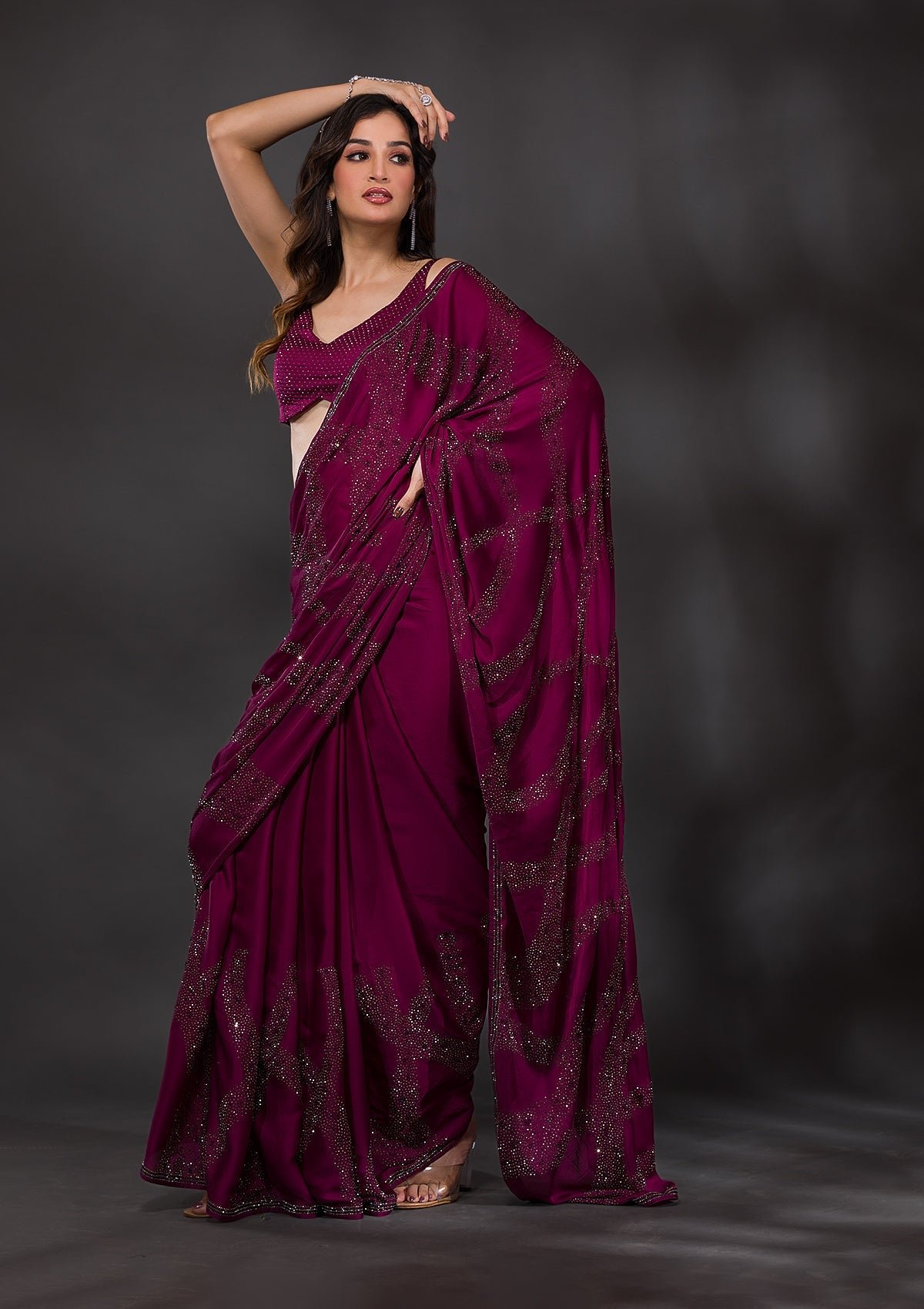 Bravix Elegant Wine Stonework Satin Designer Saree