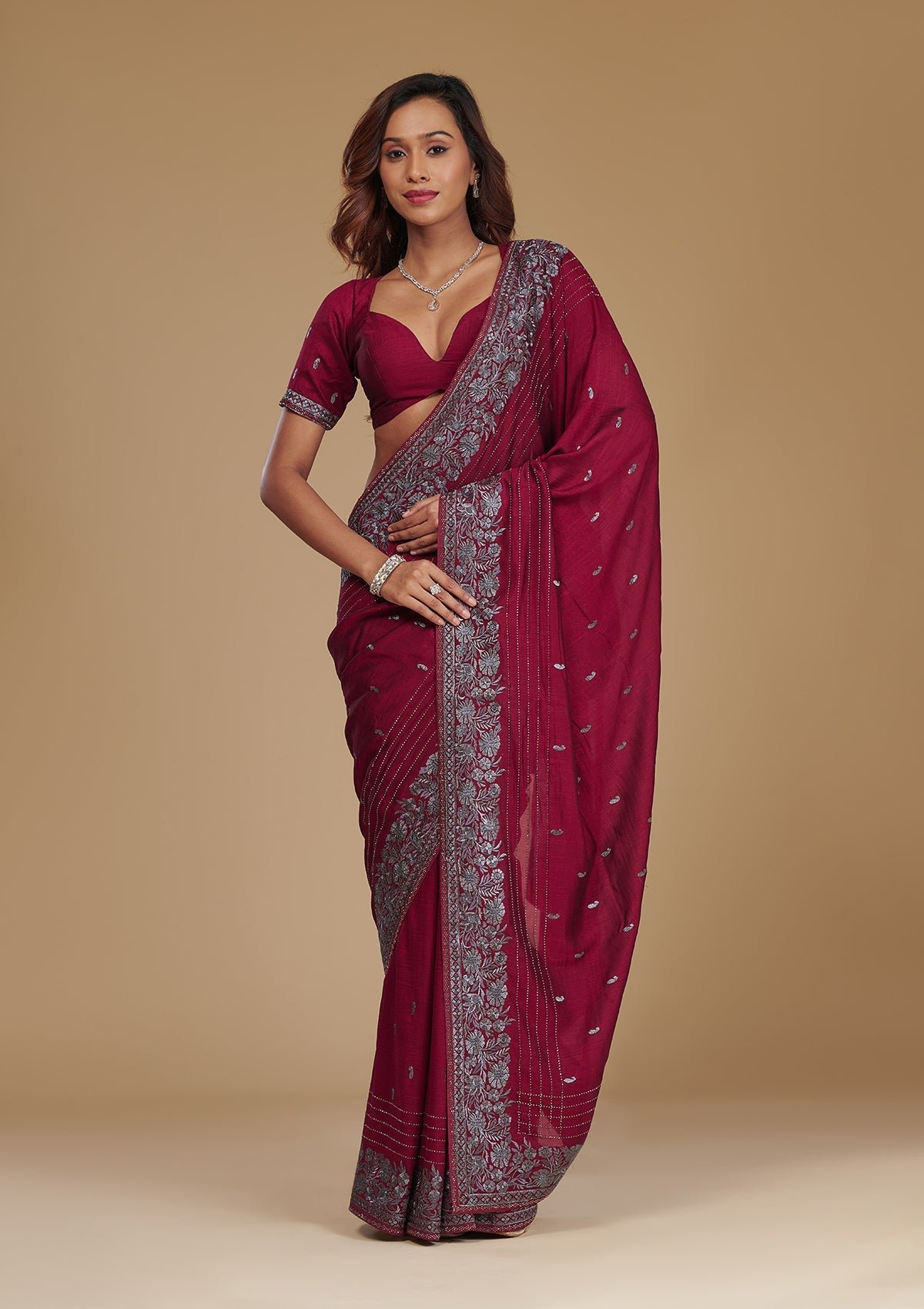 Elegant Wine Zariwork Georgette Saree for a Stunning Look