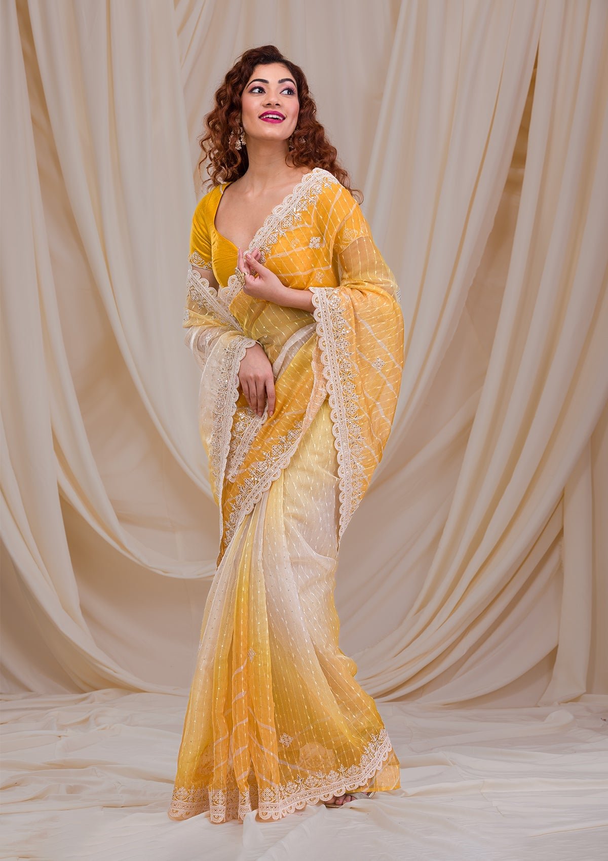 Bravix Vibrant Yellow Ombre Net Saree – A Stunning Blend of Elegance!