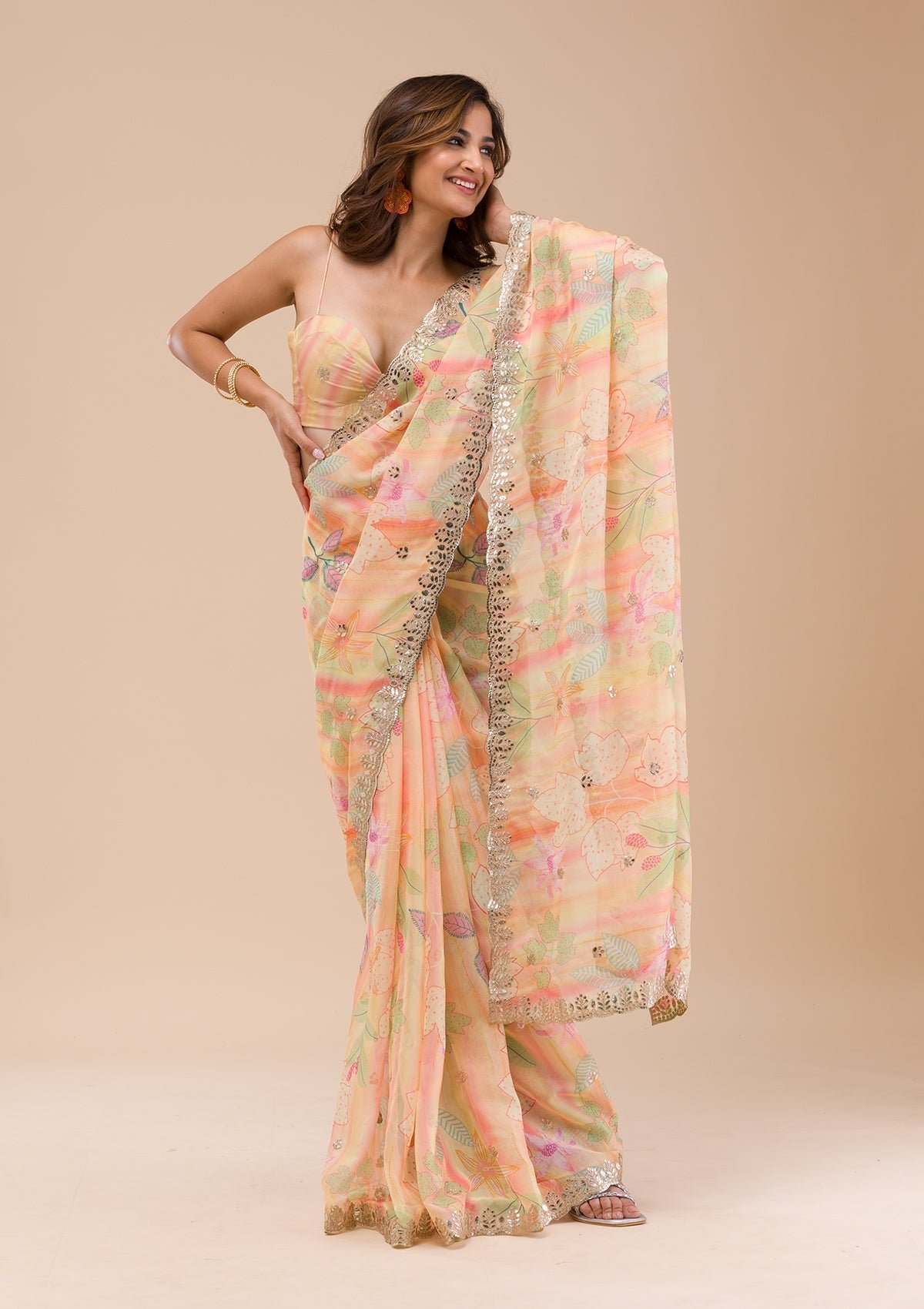 Bravix Vibrant Yellow Printed Organza Saree