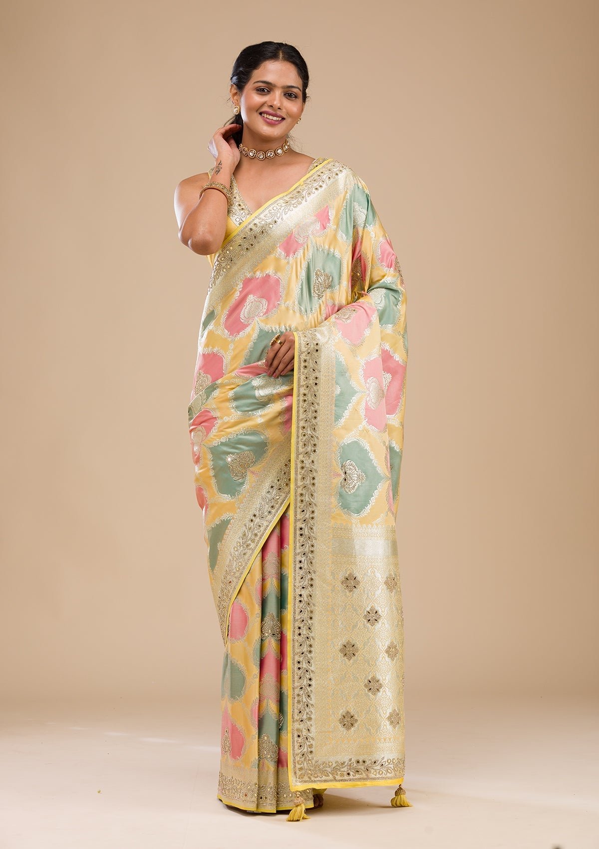 Bravix Radiant Yellow Banarasi Silk Saree with Intricate Stonework