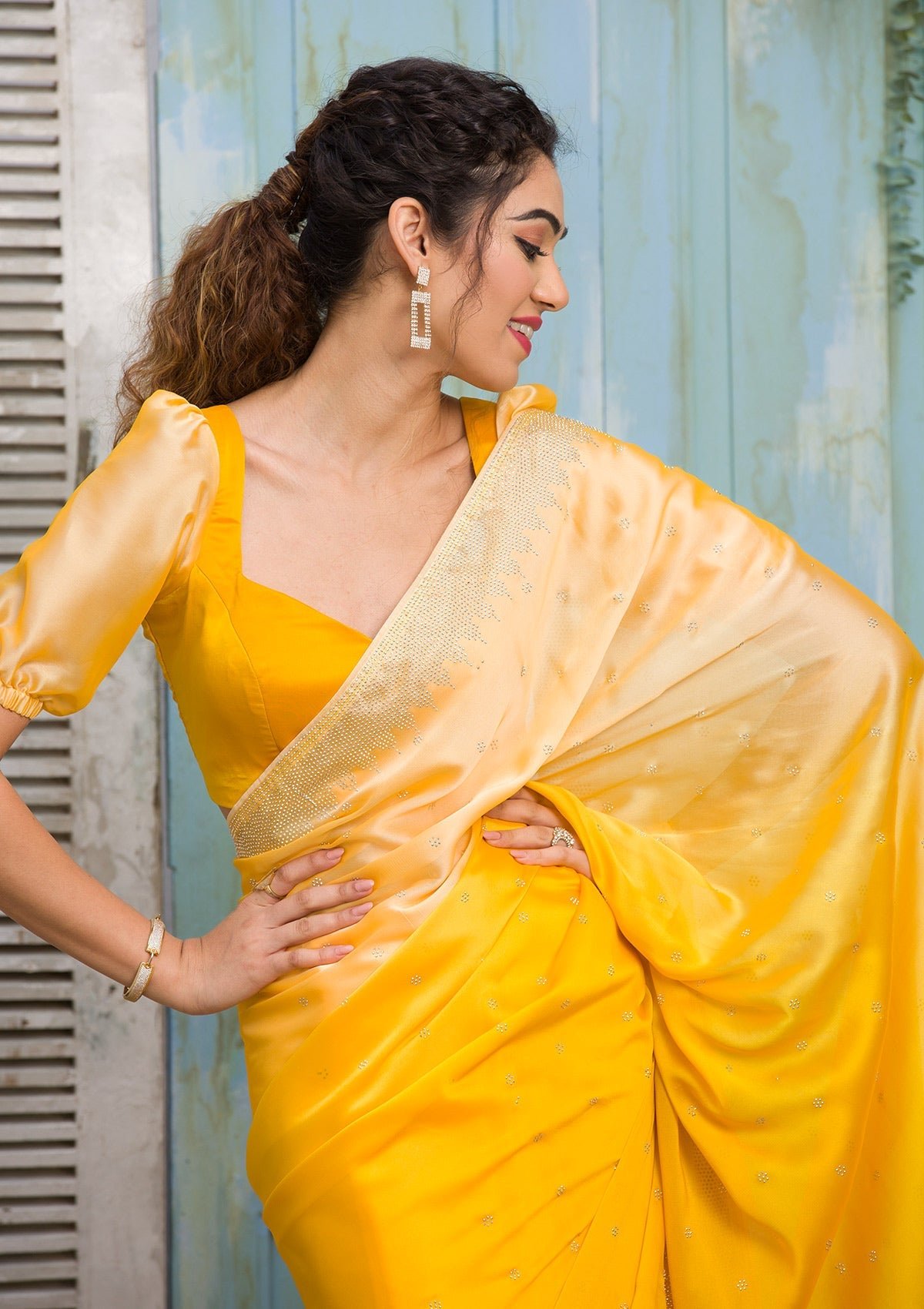 Bravix Stunning Yellow Ombre Satin Designer Saree for a Glamorous Look - Image 6