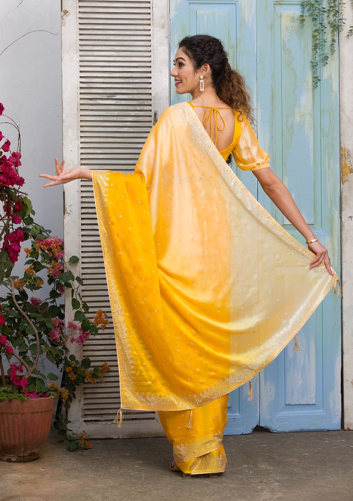Bravix Stunning Yellow Ombre Satin Designer Saree for a Glamorous Look - Image 2